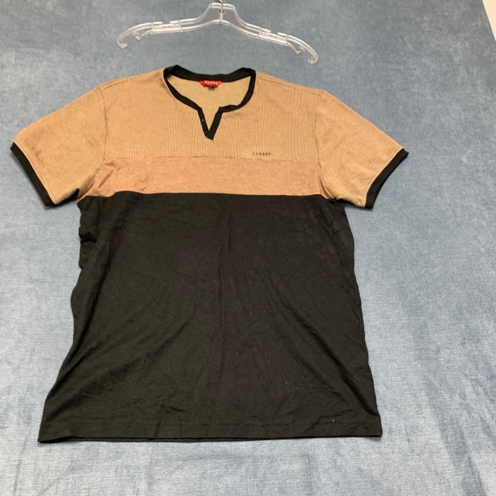 Guess Los Angeles T Shirt Mens Large Beige Black Colorblock Knit Summer Wear Tee - Picture 1 of 12
